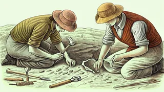 Paleontologists excavate fossil bones at a dig site using brushes and careful tools.