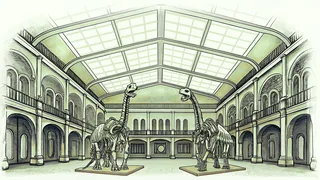 Dinosaur skeleton displays in a natural history museum.