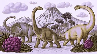 A prehistoric scene with various dinosaurs in a lush ancient landscape.