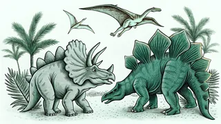 A triceratops and stegosaurus face a towering spinosaurus on ancient plains.