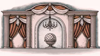 A ballroom setting with chandelier silhouette above a snow globe and decorative ribbons on display.