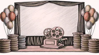 A golden film projector rests beside stacked reels and colorful balloons on a wooden theatre shelf.