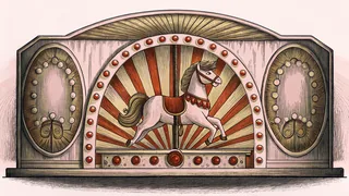 A painted carousel horse stands beside a music box and ornate mirror in a vintage circus setting.