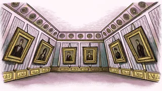 Golden-framed royal portraits hang against palace tapestries in an ornate gallery.