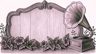 Wooden musical notes decorate a blank plaque beside a gramophone horn and vintage vinyl record.