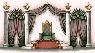 A Gothic throne room draped in velvet holds an ornate candelabra glowing with candlelight.