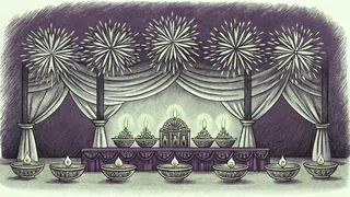 Rows of lit oil lamps and marigold flowers glow beneath a burst of fireworks in the night sky.