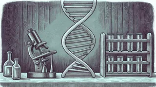 A glass double helix model stands on a laboratory bench beside a microscope and sample vials.