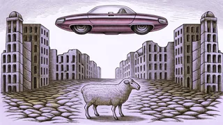 A futuristic hover vehicle suspended over desolate ruins with an artificial sheep positioned on the ground.