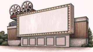 A theatre marquee with blank signage hangs beside an old projector on a lobby wall.