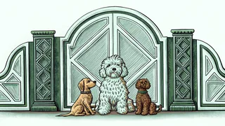 Several non-shedding dog breeds including a poodle, Labradoodle, and small terriers
