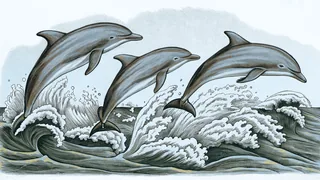 Playful dolphins leaping through ocean waves in formation