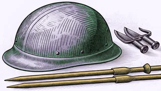 A domed metal helmet with a brim, a pair of curved iron tools and two pointed lance shafts lie together on a flat surface.