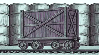 Industrial warehouse with barrels and minecart