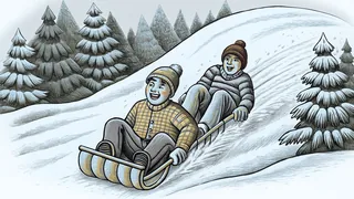 A sled speeds down a snowy slope toward a large snowbank.