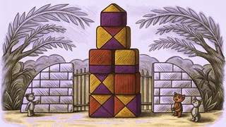 A whimsical tower of colorful blocks stands beside playful cartoon creatures.