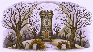 A shadowy castle tower rises above an open grave in moonlight.