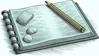 A graphite pencil and eraser beside a sketchbook showing shaded contour lines.