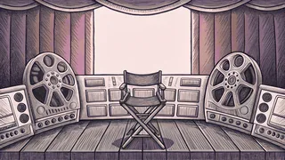A film canister sits beside a director's chair and studio control panels.