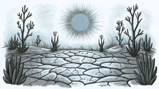 Drought landscape with blazing sun, cracked earth, distant wildfire, withered plants.