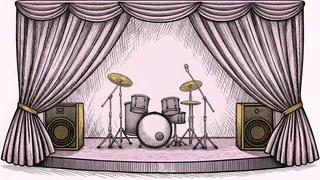A complete drum kit with sticks and brushes sits on a stage beside a standing metronome.