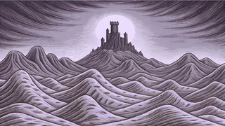 A desert landscape unfolds with vast sand dunes beneath a moon and a fortress silhouetted on the horizon.