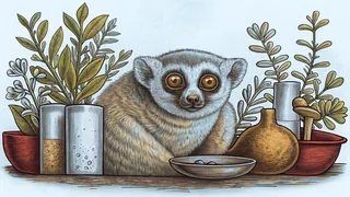A lemur surrounded by medicine bottles and scientific apparatus.