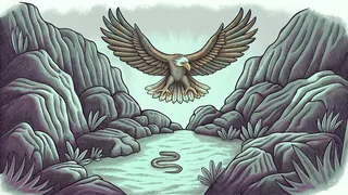 A golden eagle diving with claws extended toward a snake on rocky desert ground.