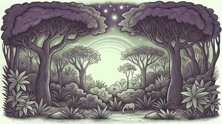 A verdant forest teems with wildlife under a radiant sun.