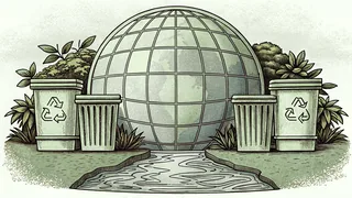 Earth's globe surrounded by sprouting plants, recycling symbols, and fresh water