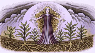 A divine earth goddess figure with sprouting plants, rich soil, and natural growth.