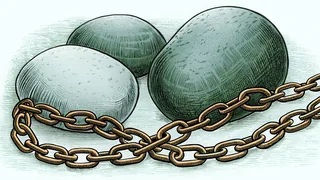 Three smooth loose pebbles lying beside a coiled length of iron chain.