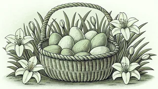 Painted eggs in a woven basket next to white lilies on a lawn.