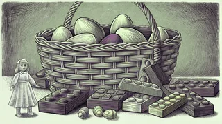 A wicker Easter basket filled with toys, treats, and springtime gifts scattered around it.