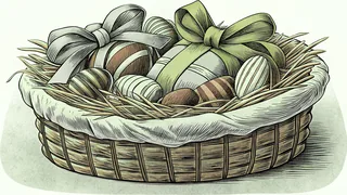 An Easter basket overflowing with wrapped chocolates, jellybeans, and ribbon.
