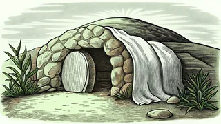 A stone rolls away from an empty tomb as white linens glow in dawn light.