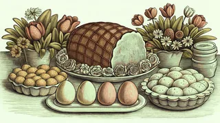 Glazed ham platter beside fresh berries, pastries, and deviled eggs for Easter brunch