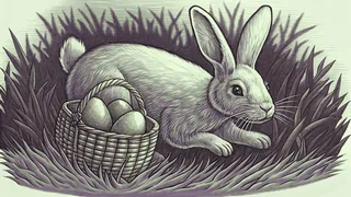 An Easter bunny hops through spring grass with a basket of painted eggs.