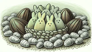 Fluffy yellow peeps surrounded by chocolate candy and colorful jellybean pieces