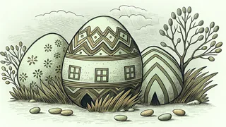 Brilliantly painted Easter eggs surround pots of dye and scattered colorful candies.