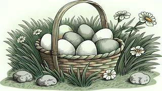 Basket filled with painted eggs nestled among dandelions and green spring grass