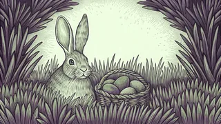 Colorful Easter eggs scattered in spring grass with a basket and toy bunny.