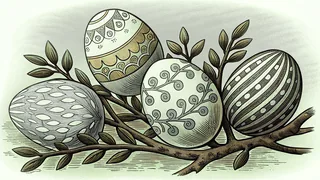 Collection of elaborately decorated eggs in various patterns hung on display branches