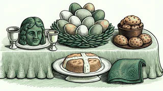 An Easter table features painted eggs, warm hot cross buns, and roasted lamb.
