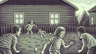 Kids participating in spoon-and-egg race on grassy yard surrounded by laughing onlookers