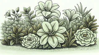 Spring garden with soft-colored flowers in pastel shades of lavender and peach.