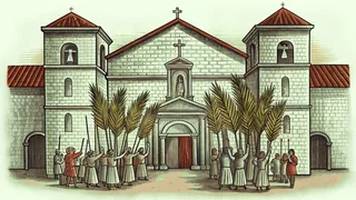 A procession carries crosses and palm branches toward a seaside Spanish colonial church.