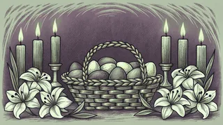 A basket overflows with colorful Easter eggs, chocolates, and spring lilies.