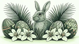 An Easter bunny sits among colorful painted eggs and white blooming lilies.