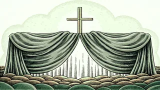 A crucifix and winding sheet displayed beneath a glowing candle against a stone background.